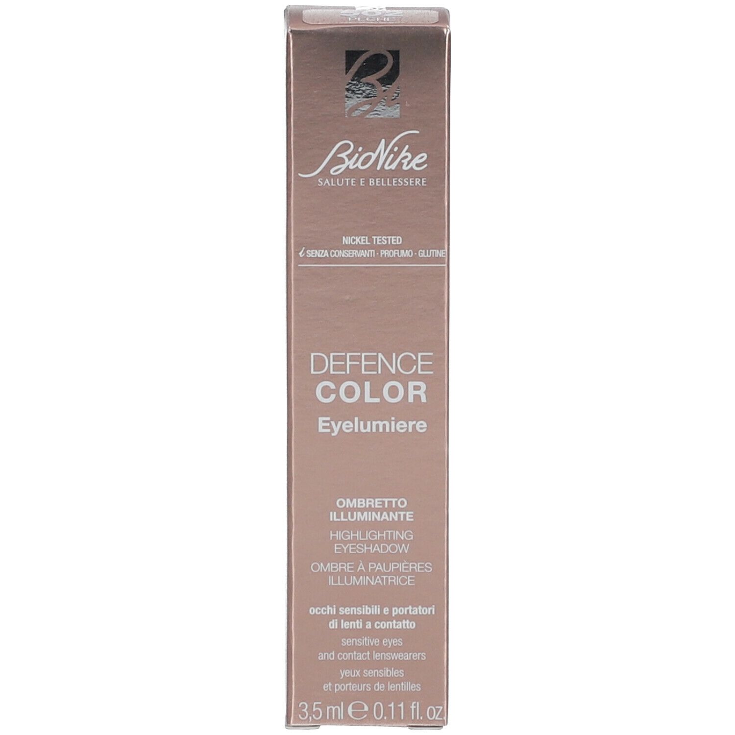 BioNike DEFENCE COLOR Eyelumiere, perzik. Productverpakking. Doos met productinformatie.