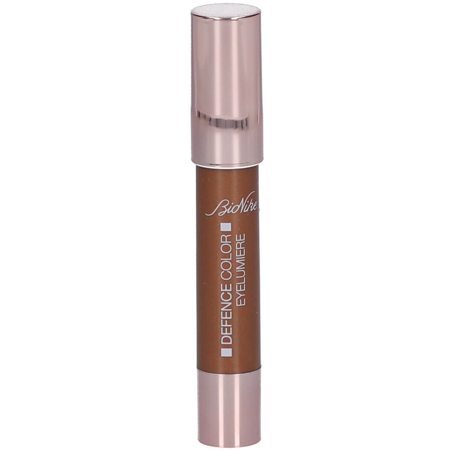 Bronzen Eyelumiere-stift met roségouden dop. Merk: BioNike. Tekst: DEFENCE COLOR Eyelumiere.