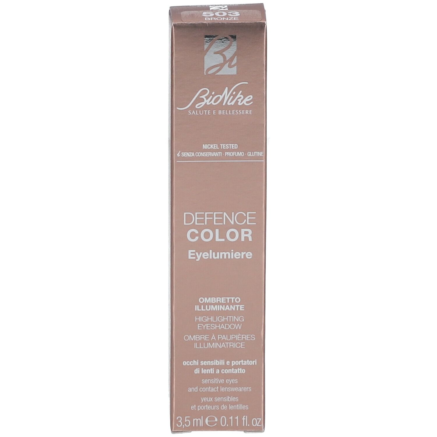 Verpakking voor Eyelumiere. Roségoud, tekst: DEFENCE COLOR Eyelumiere, Ombretto Illuminante, 3,5 ml.