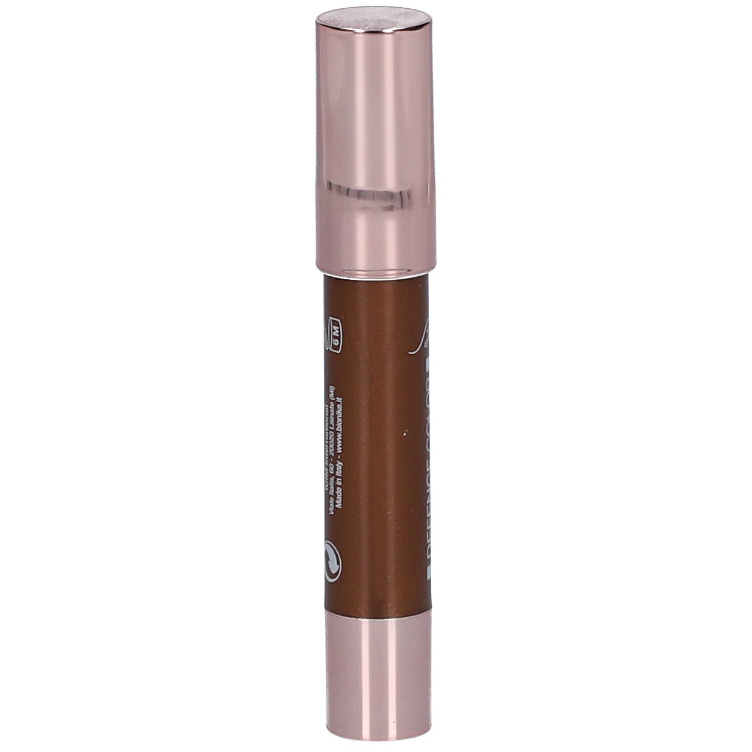 Brauner Eyeliner mit roségoldfarbener Kappe. Aufschrift: BioNike. Auf der Seite Text und Symbole.