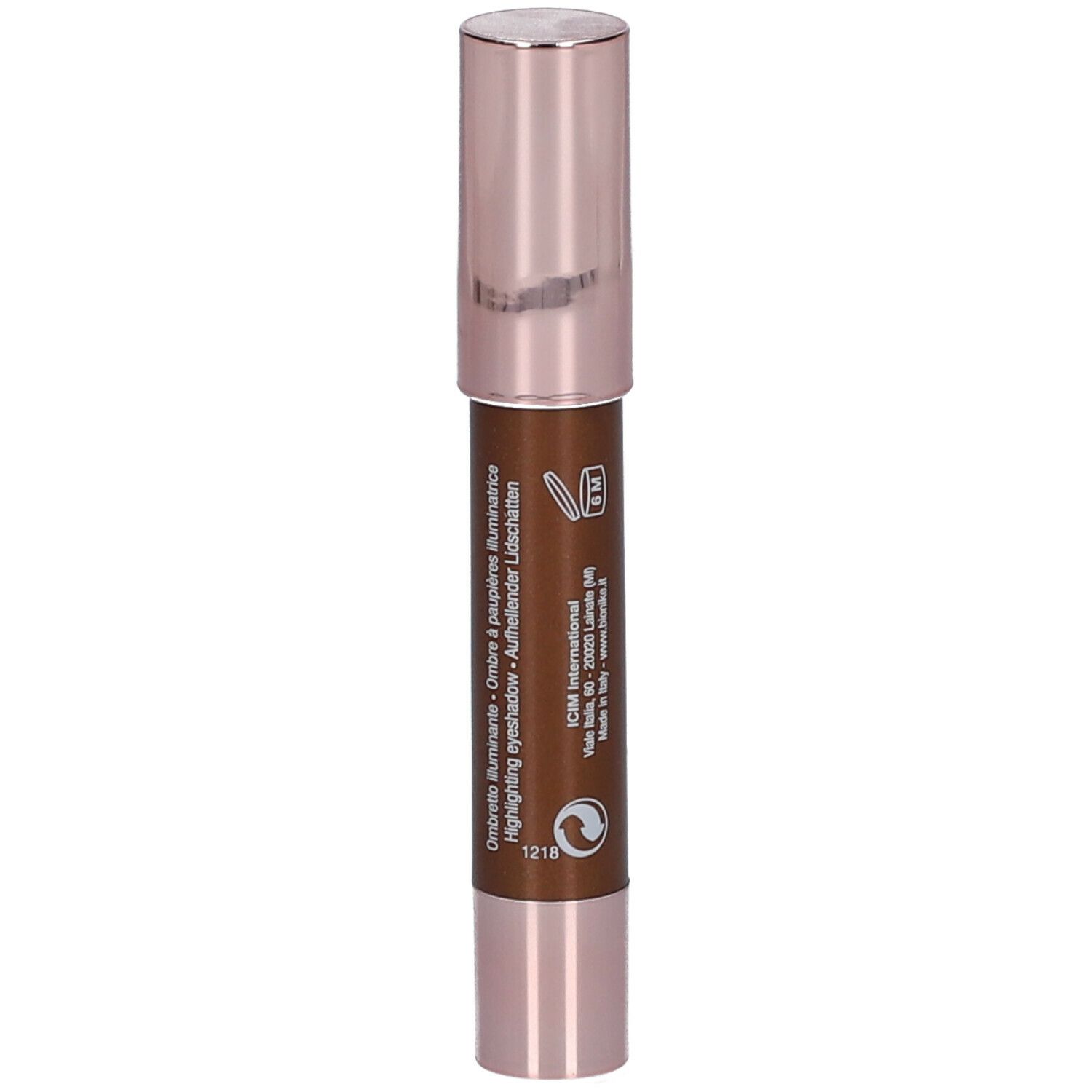 Brauner Eyeliner mit roségoldfarbener Kappe. Aufschrift: Ombretto illuminante, Highlighting eyeshadow.