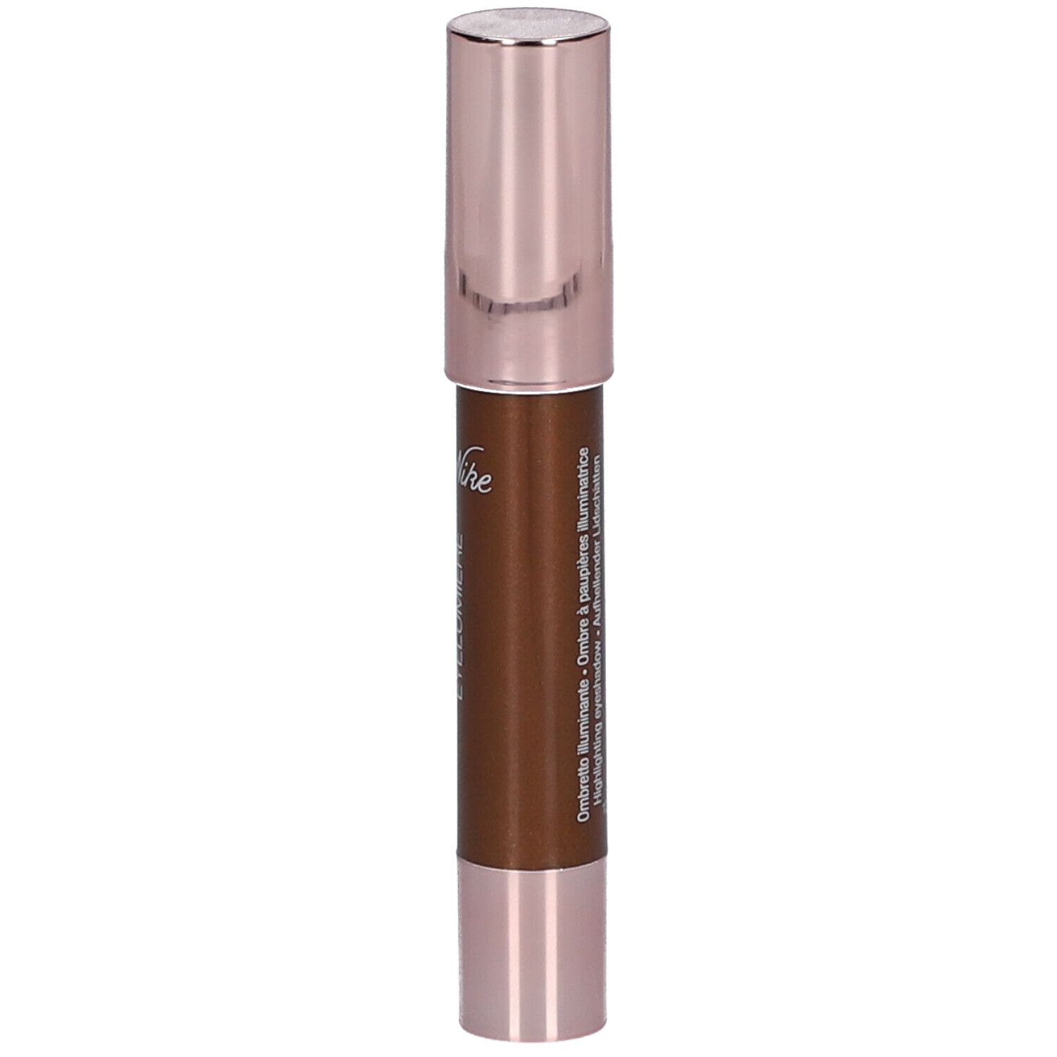 Brauner Eyeliner mit roségoldfarbener Kappe. Aufschrift: Ombretto illuminante, Highlighting eyeshadow.