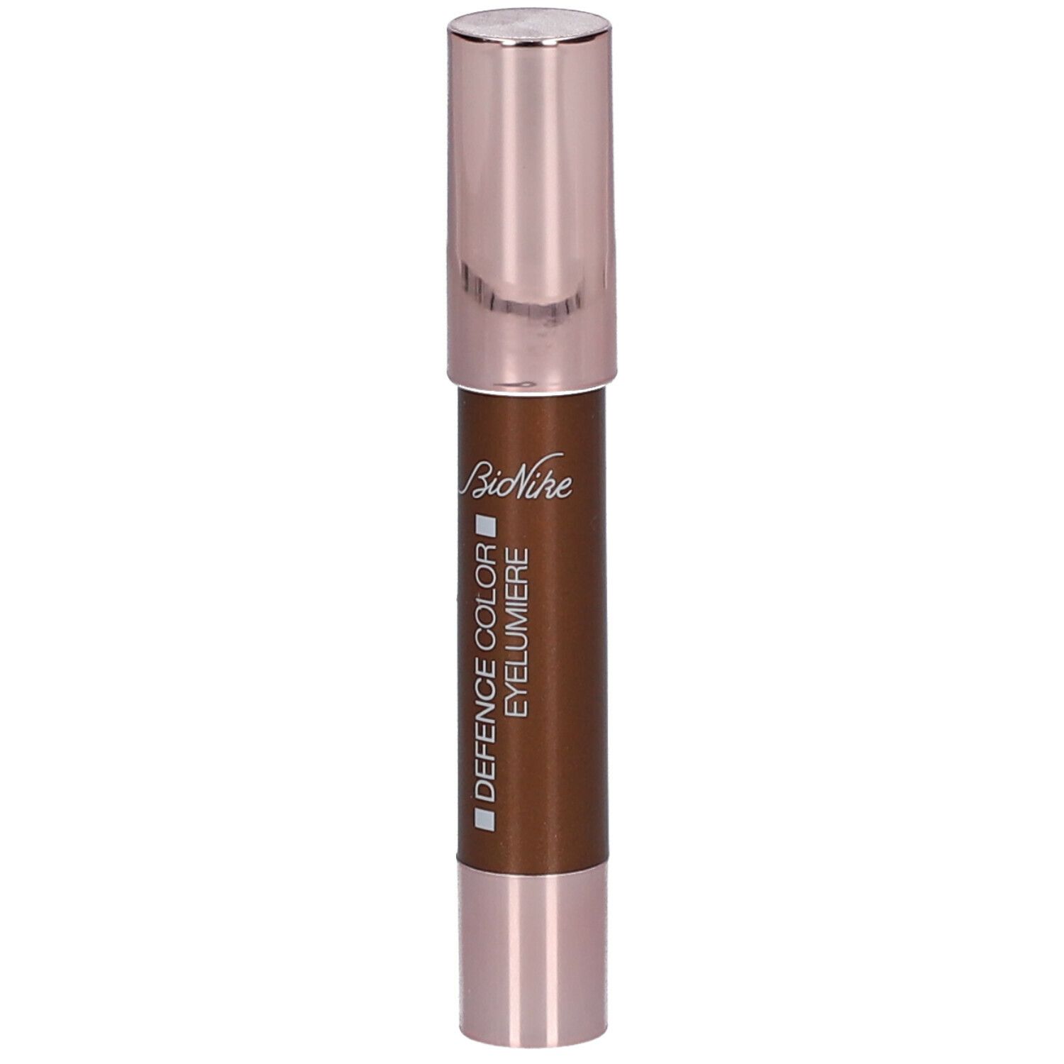 Brauner Eyeliner mit roségoldfarbener Kappe. Aufschrift: DEFENCE COLOR EYELUMIERE und BioNike.