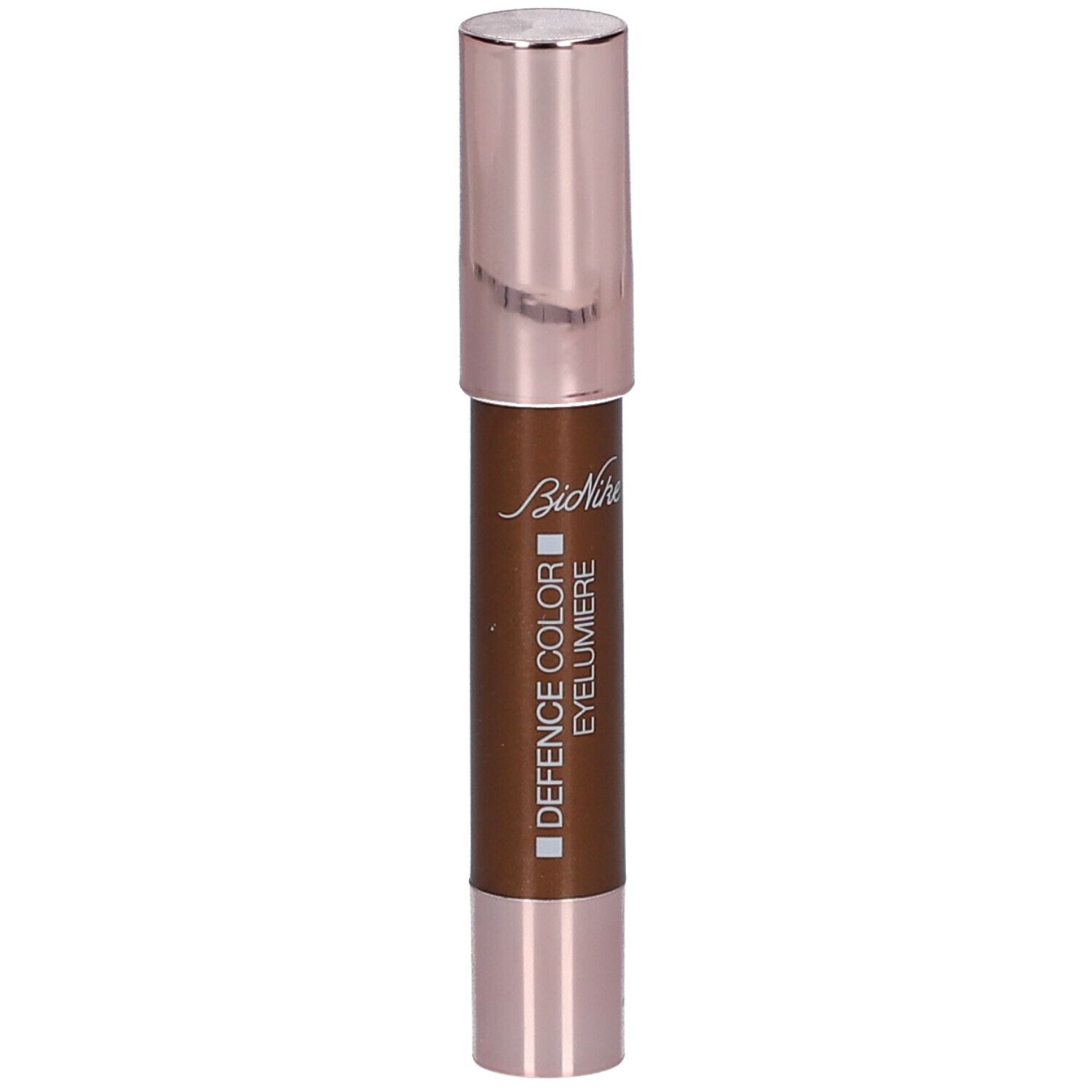 Brauner Eyeliner mit roségoldfarbener Kappe. Aufschrift: DEFENCE COLOR EYELUMIERE und BioNike.