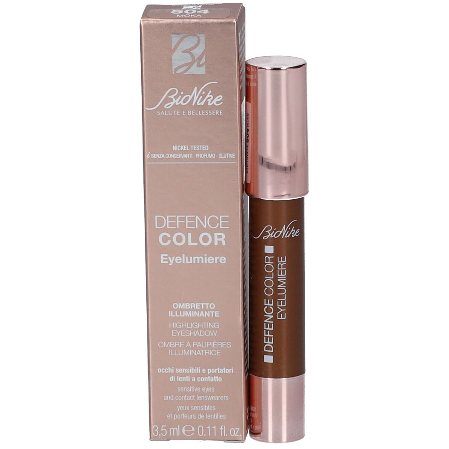 Brauner Eyeliner und Verpackung. Aufschrift: DEFENCE COLOR EYELUMIERE, Ombretto illuminante, BioNike.