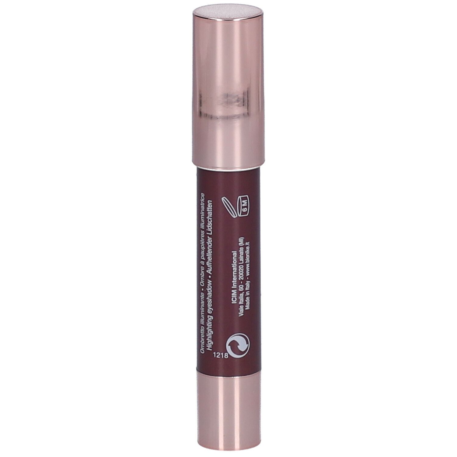 Crayon Eyelumiere Marsala, capuchon et base or rose. Texte et symboles sur le crayon.