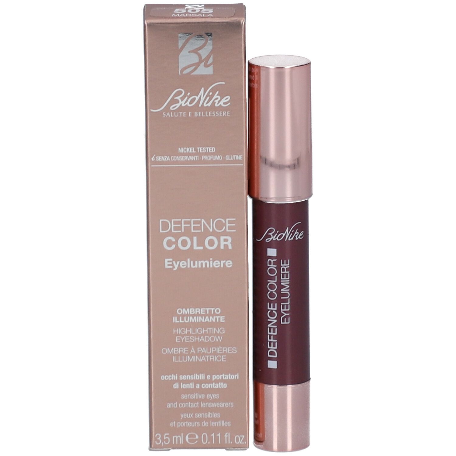 Produit BioNike Eyelumiere avec emballage. Emballage avec nom du produit, marque et informations.
