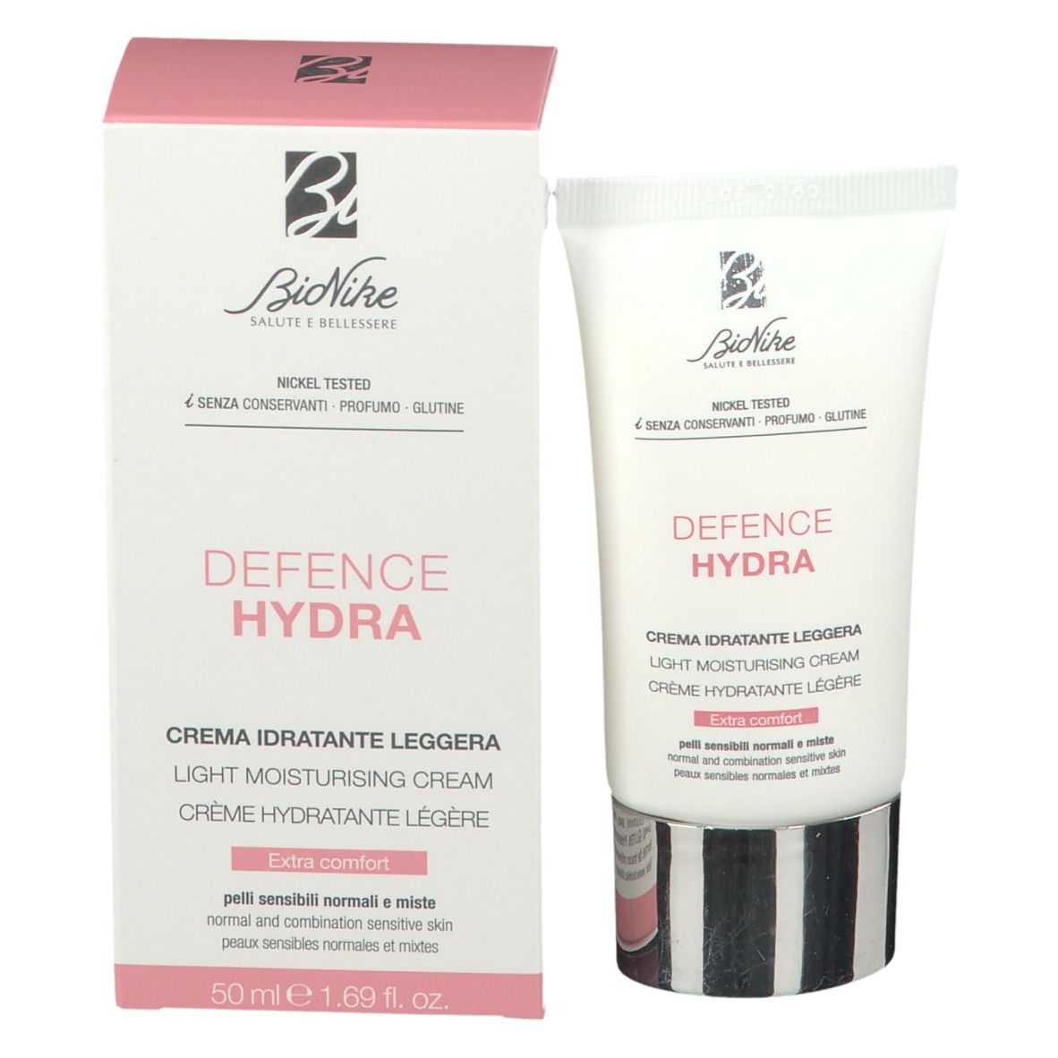 Productverpakking met tube en doos. "BioNike" logo en "DEFENCE HYDRA". Lichte vochtinbrengende crème. Getest op nikkel.