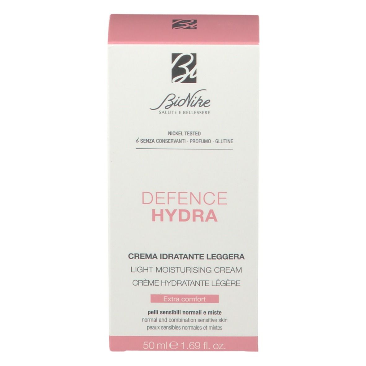 Roze en witte productverpakking met "BioNike" logo en "DEFENCE HYDRA". Lichte vochtinbrengende crème. Getest op nikkel.