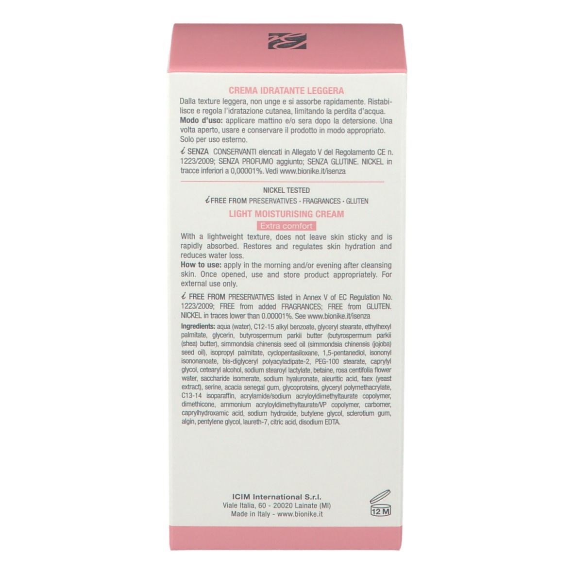 Achterkant van de productverpakking met tekst. Informatie over lichte vochtinbrengende crème. Ingrediënten. Getest op nikkel.