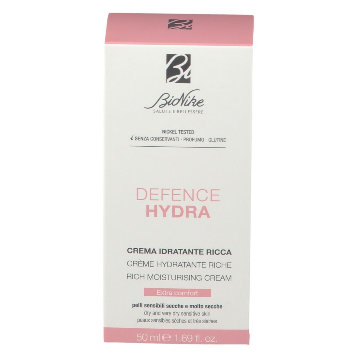 Roze doos met "BioNike"-logo en "DEFENCE HYDRA". Tekst: "CREMA IDRATANTE RICCA".