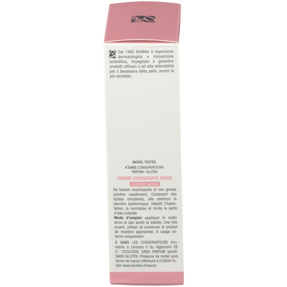 Achterkant van de roze doos. Tekst: "CREMA IDRATANTE RICCA". Informatie en gebruiksaanwijzing.