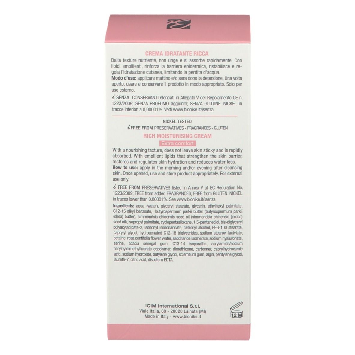 Detail van de achterkant van de roze doos. Tekst: ingrediënten, gebruiksaanwijzing.