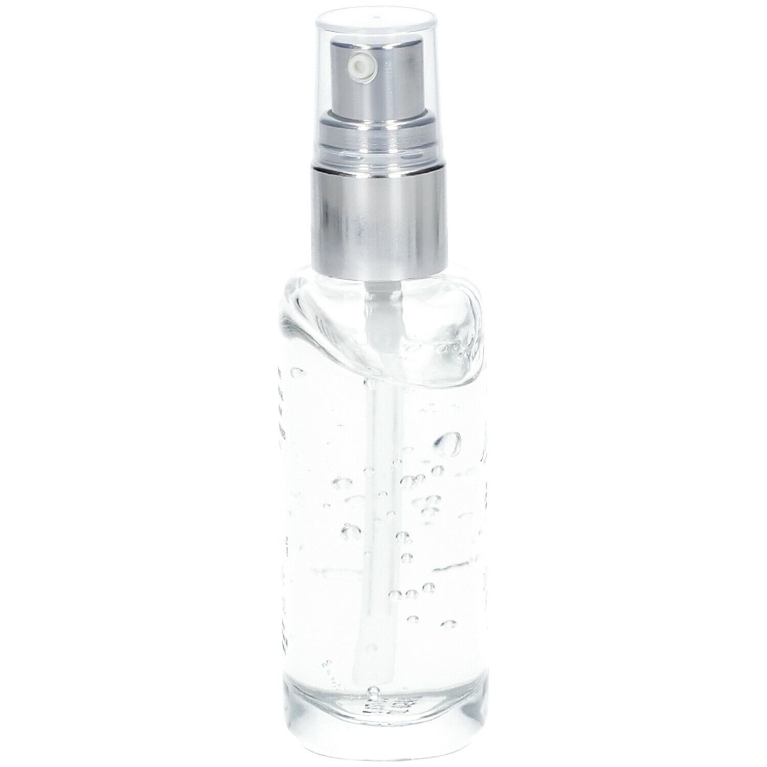 Transparente Flasche mit Sprühkopf. Enthält klare Flüssigkeit. Aufschrift nicht lesbar.