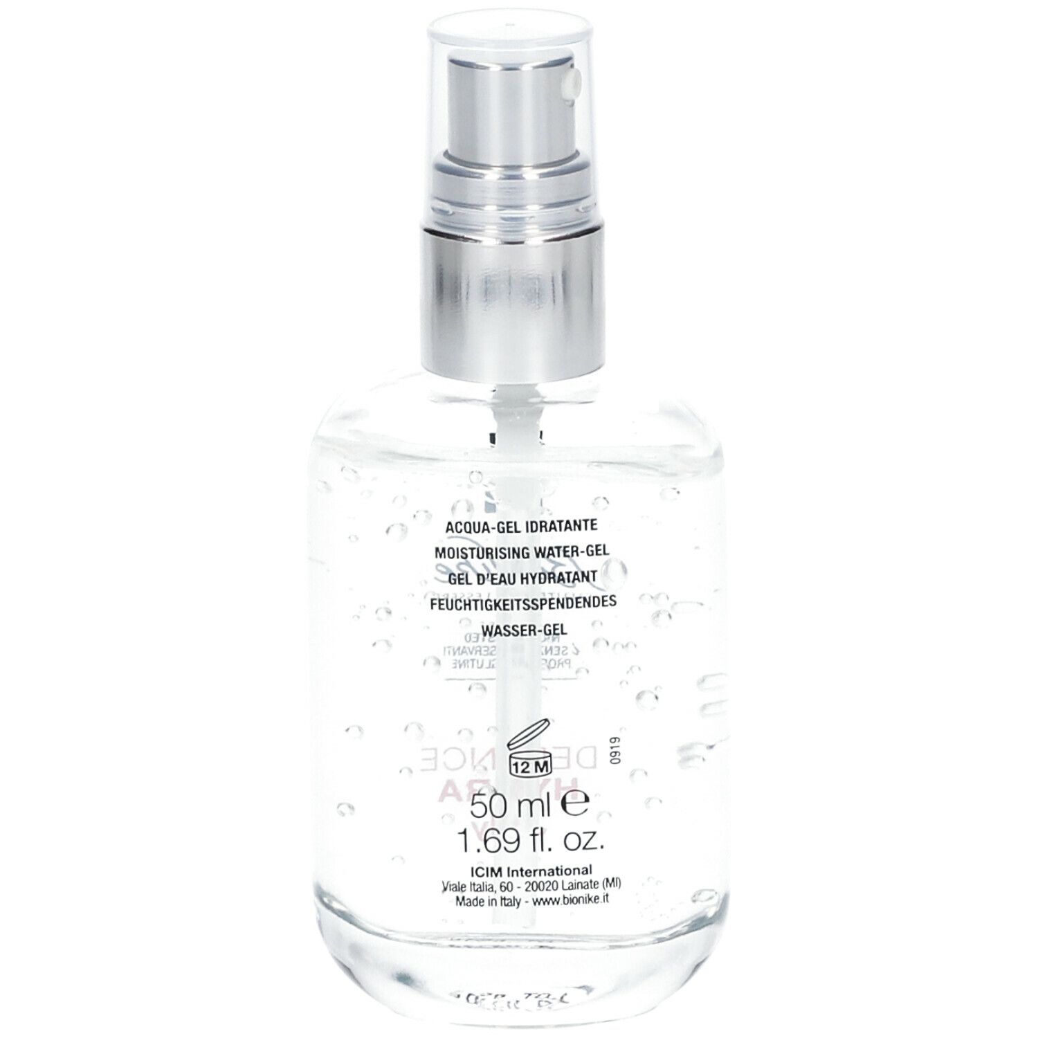 Transparente Flasche mit Sprühkopf. Aufschrift: BioNike, Defence Hydra Jelly, Aqua-Gel idratante, 50 ml.