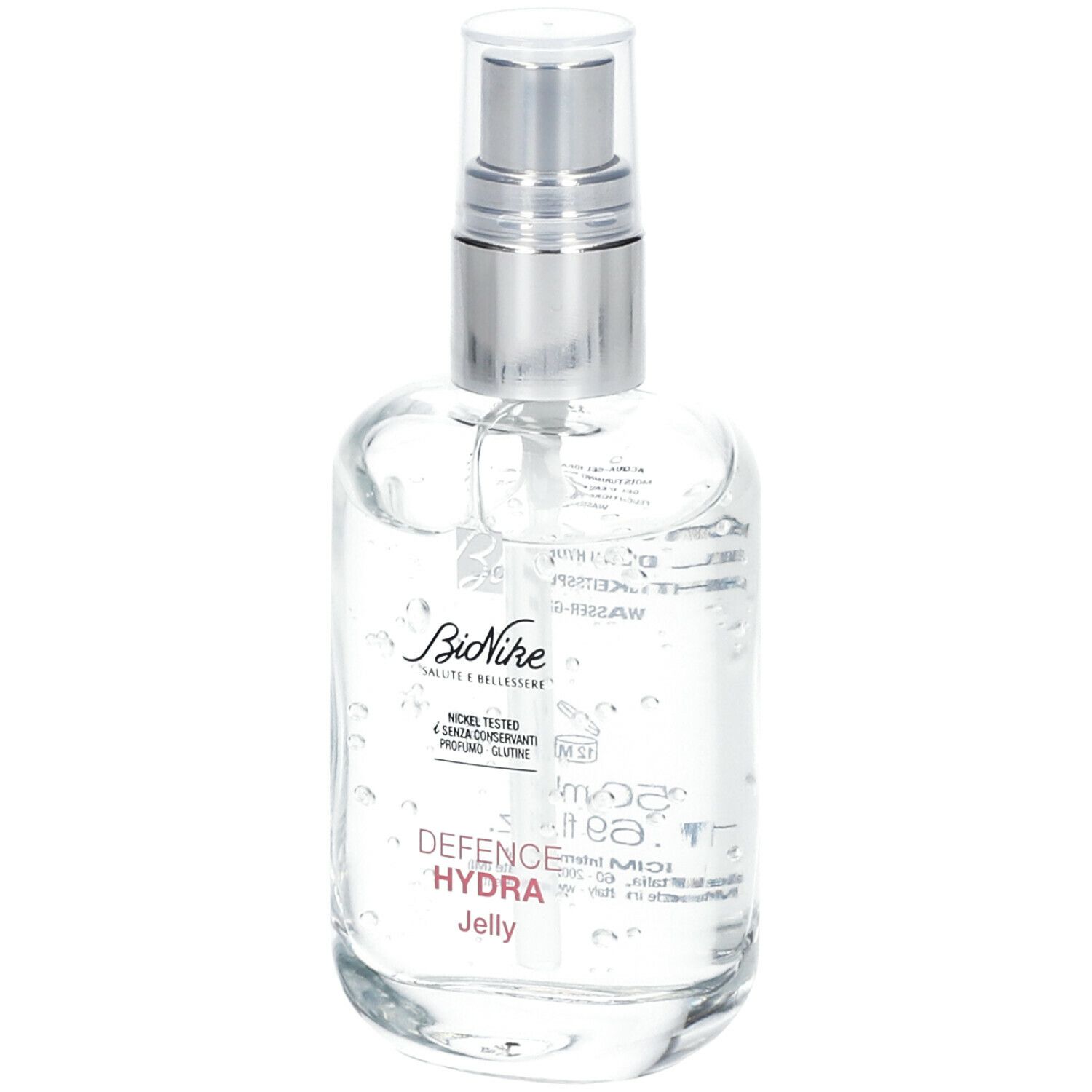 Transparente Flasche mit Sprühkopf. Aufschrift: BioNike, Defence Hydra Jelly. Produktetikett.