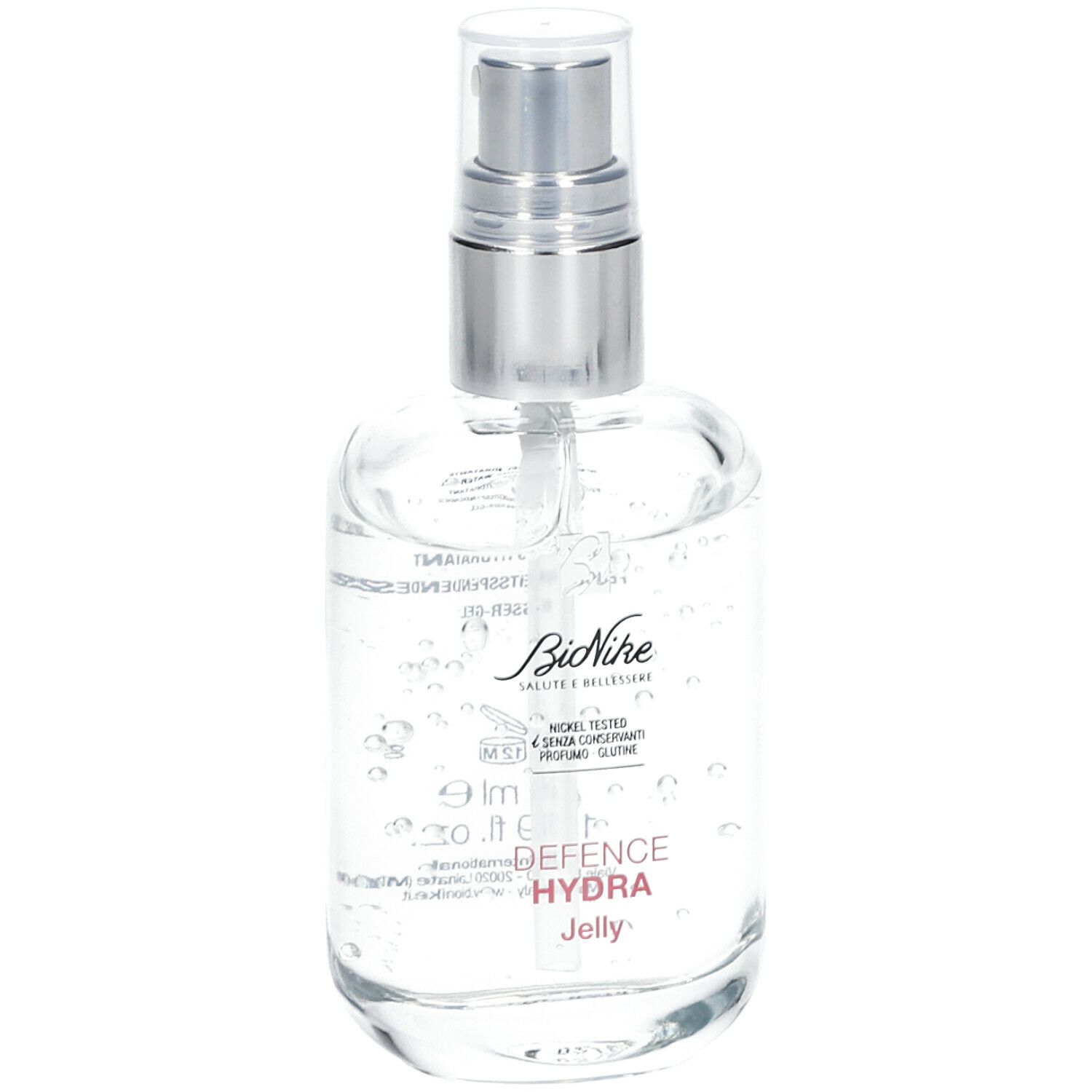 Transparente Flasche mit Sprühkopf. Aufschrift: BioNike, Defence Hydra Jelly. Produktetikett.