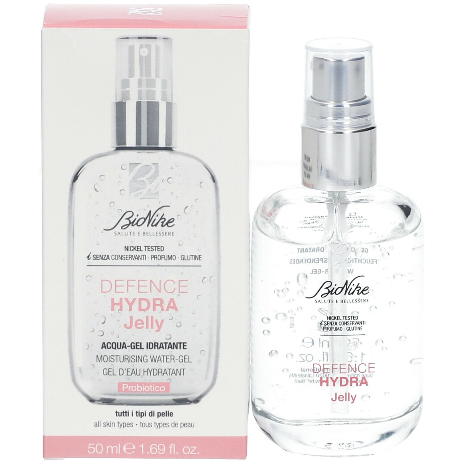 Produktflasche und Verpackung. Aufschrift: BioNike, Defence Hydra Jelly, 50 ml. Rosa-weiße Verpackung.