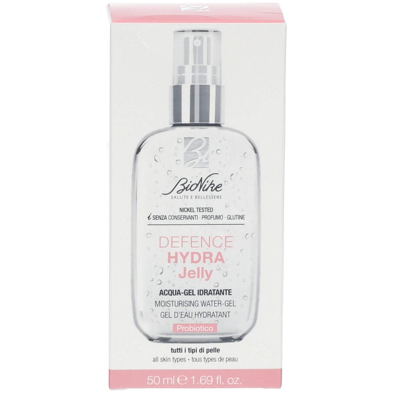 Produktflasche und Verpackung. Aufschrift: BioNike, Defence Hydra Jelly, 50 ml. Rosa-weiße Verpackung.