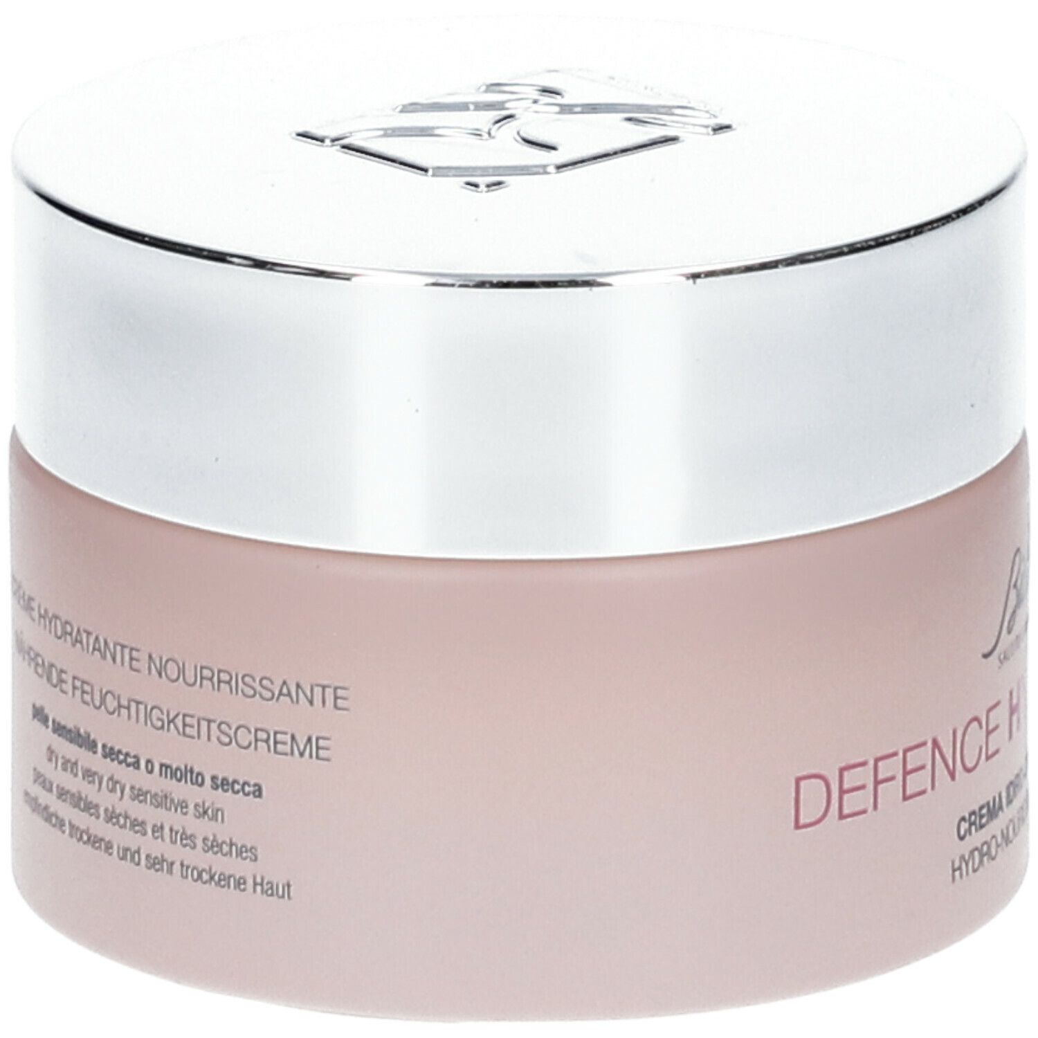 Rosa Creme-Dose mit silbernem Deckel. Aufschrift: DEFENCE HYDRACTIVE. Für trockene, empfindliche Haut.