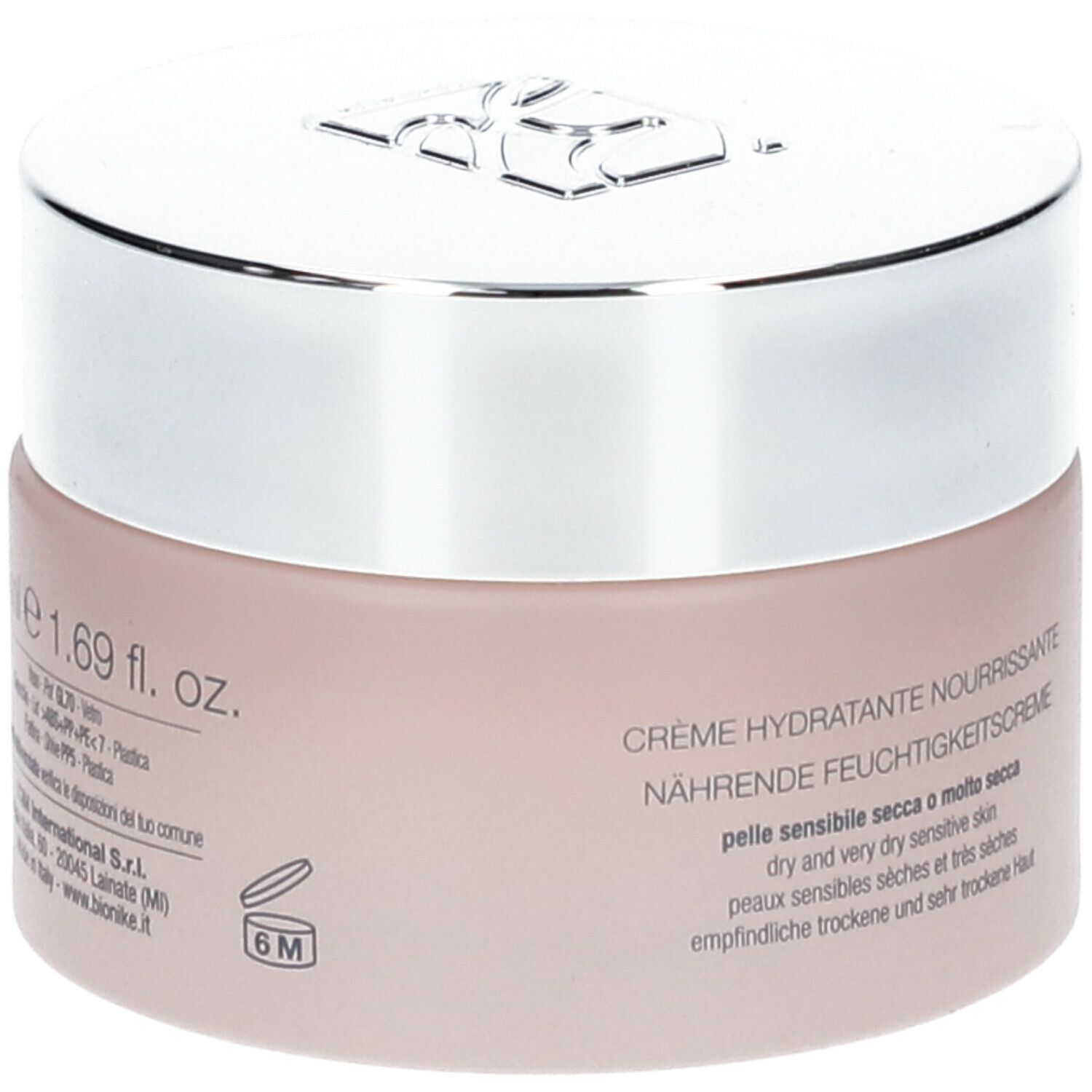 Rosa Creme-Dose mit silbernem Deckel. Aufschrift: Crème hydratante nourrissante. Für trockene, empfindliche Haut.