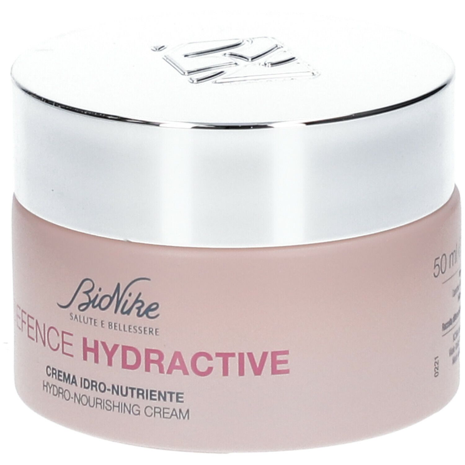 Rosa Creme-Dose mit silbernem Deckel. Aufschrift: BioNike DEFENCE HYDRACTIVE. Creme idro-nutriente.