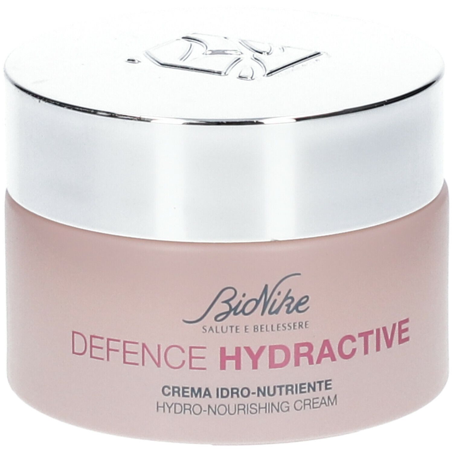 Rosa Creme-Dose mit silbernem Deckel. Aufschrift: BioNike DEFENCE HYDRACTIVE. Creme idro-nutriente.