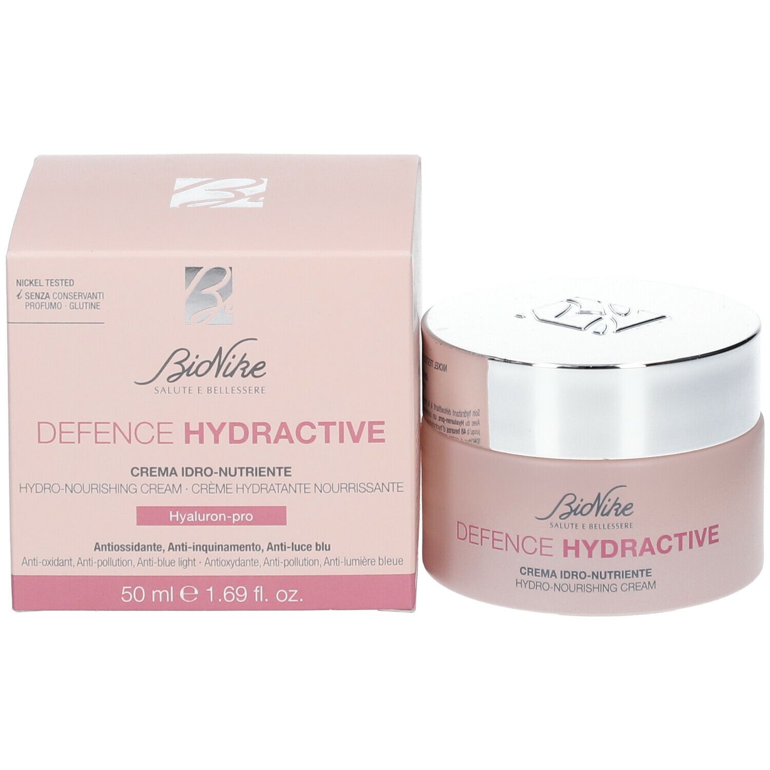 Rosa Creme-Dose und Schachtel. Aufschrift: BioNike DEFENCE HYDRACTIVE. Creme idro-nutriente. 50 ml.