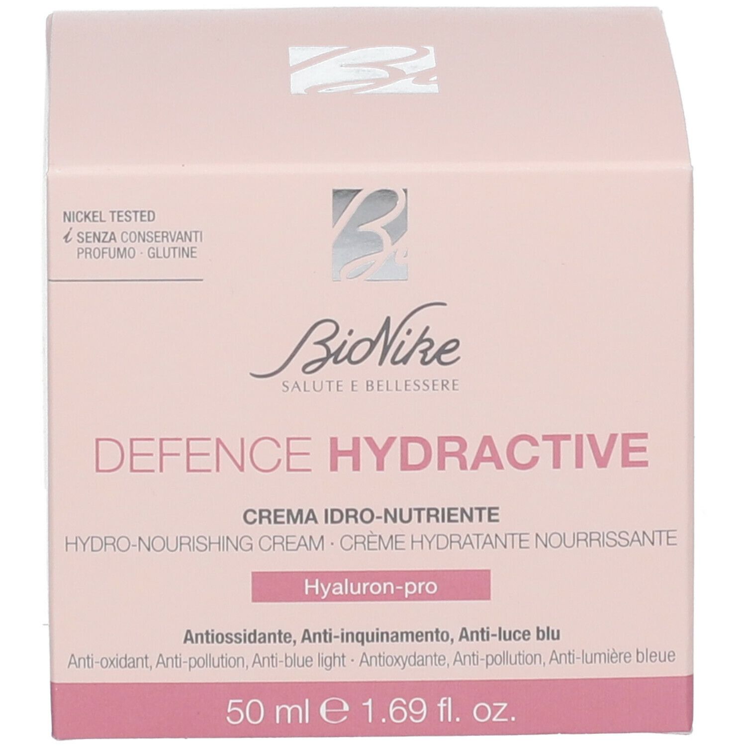 Rosa Schachtel. Aufschrift: BioNike DEFENCE HYDRACTIVE. Creme idro-nutriente. 50 ml.