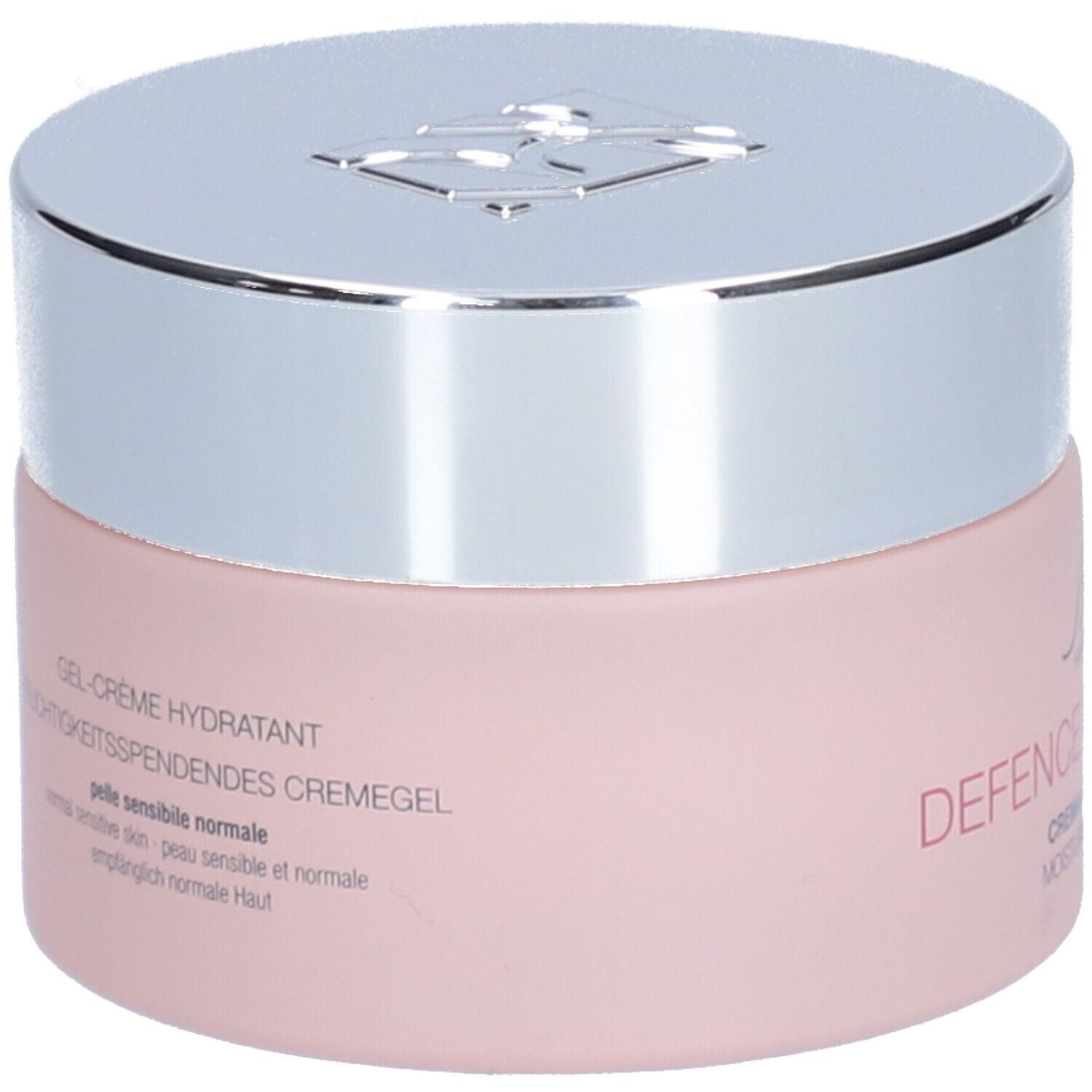 Roze pot met zilveren deksel. Opschrift: Gel-Crème hydratant, Crème-gel hydratant.
