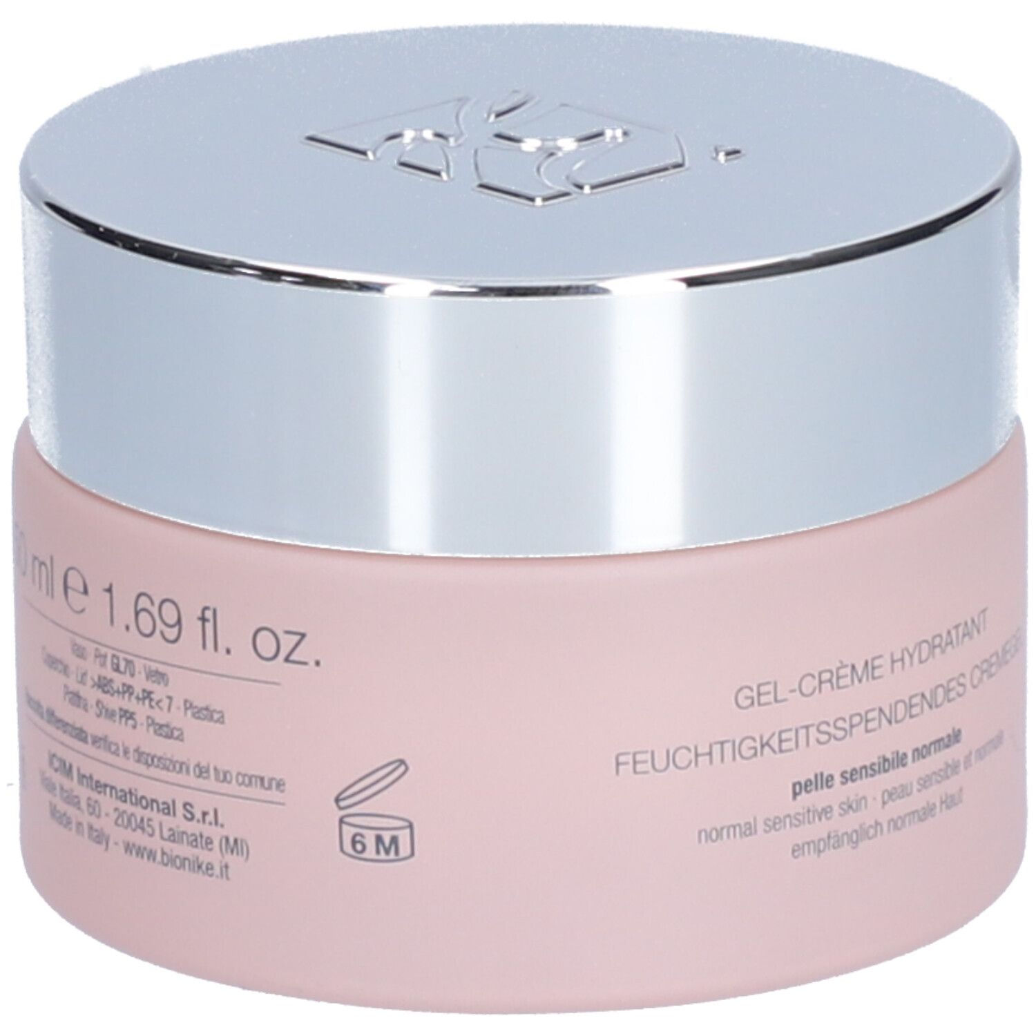 Roze pot met zilveren deksel. Opschrift: Gel-Crème hydratant, 50 ml.