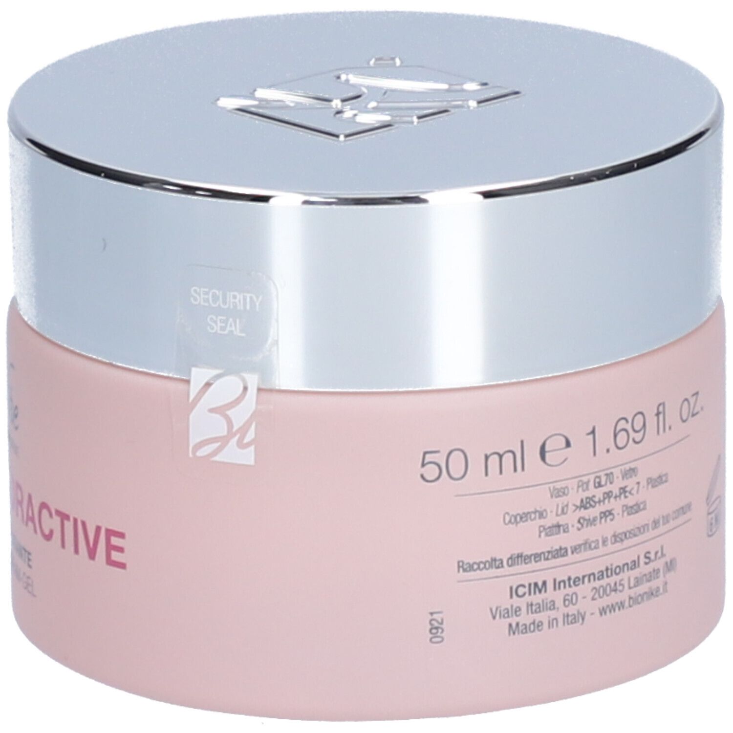 Roze pot met zilveren deksel. Opschrift: 50 ml. Veiligheidszegel. DEFENCE HYDRACTIVE.