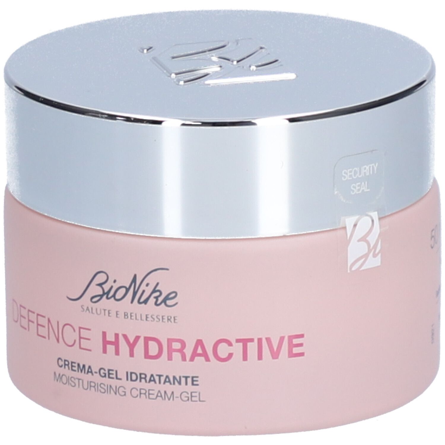 Roze pot met zilveren deksel. Opschrift: BioNike, DEFENCE HYDRACTIVE, Crème-gel idratante.