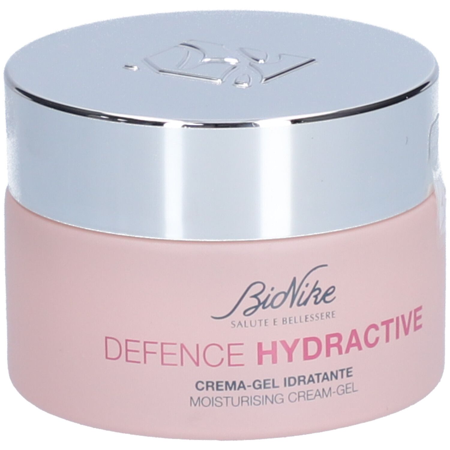 Roze pot met zilveren deksel. Opschrift: BioNike, DEFENCE HYDRACTIVE, Crème-gel idratante.