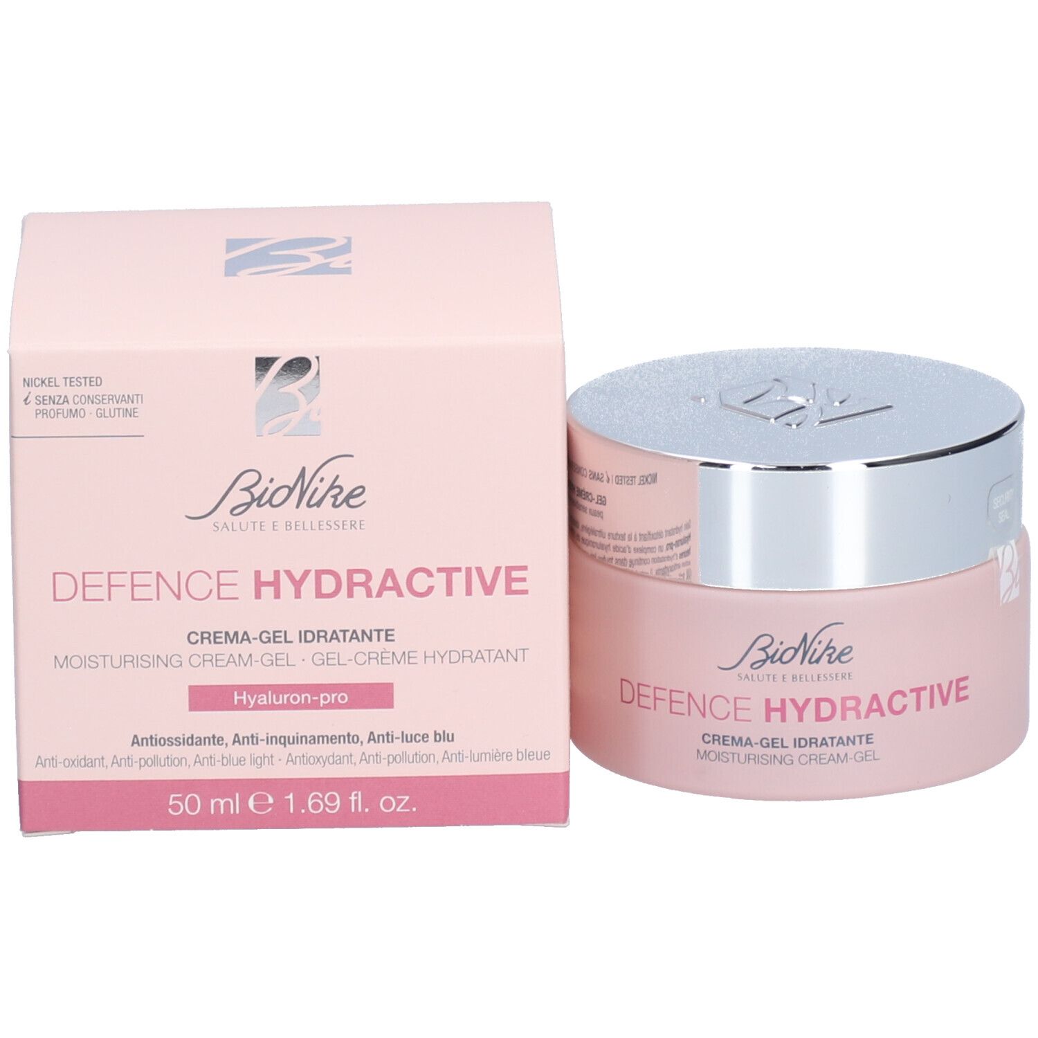 Roze pot en doos. Opschrift: BioNike, DEFENCE HYDRACTIVE, Crème-gel idratante. 50 ml.