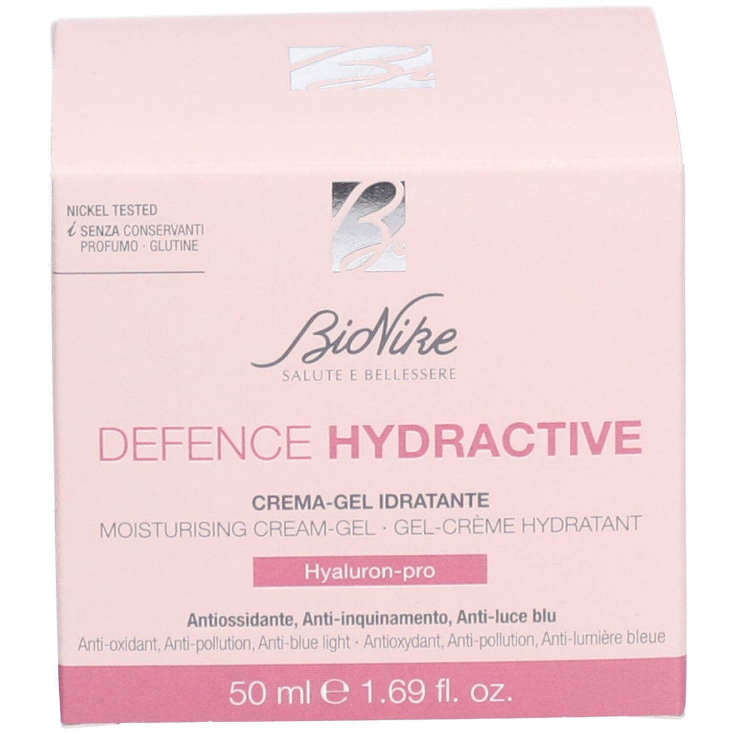 Roze doos. Opschrift: BioNike, DEFENCE HYDRACTIVE, Crème-gel idratante. 50 ml.