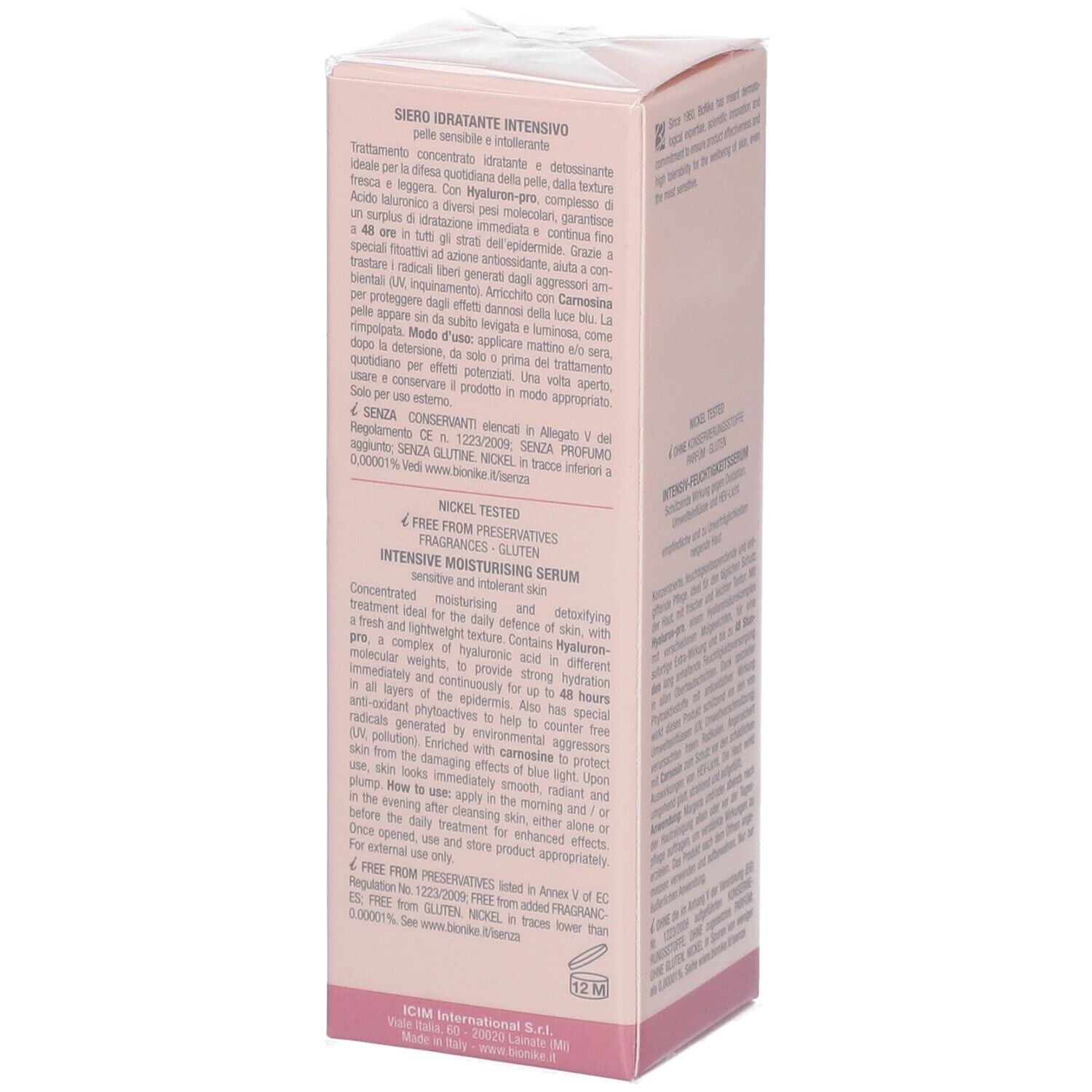 Boîte rose BioNike DEFENCE HYDRACTIVE. Sérum hydratant intensif, 30 ml. Logo et texte. Texte au dos. Sans conservateurs, parfum, gluten.
