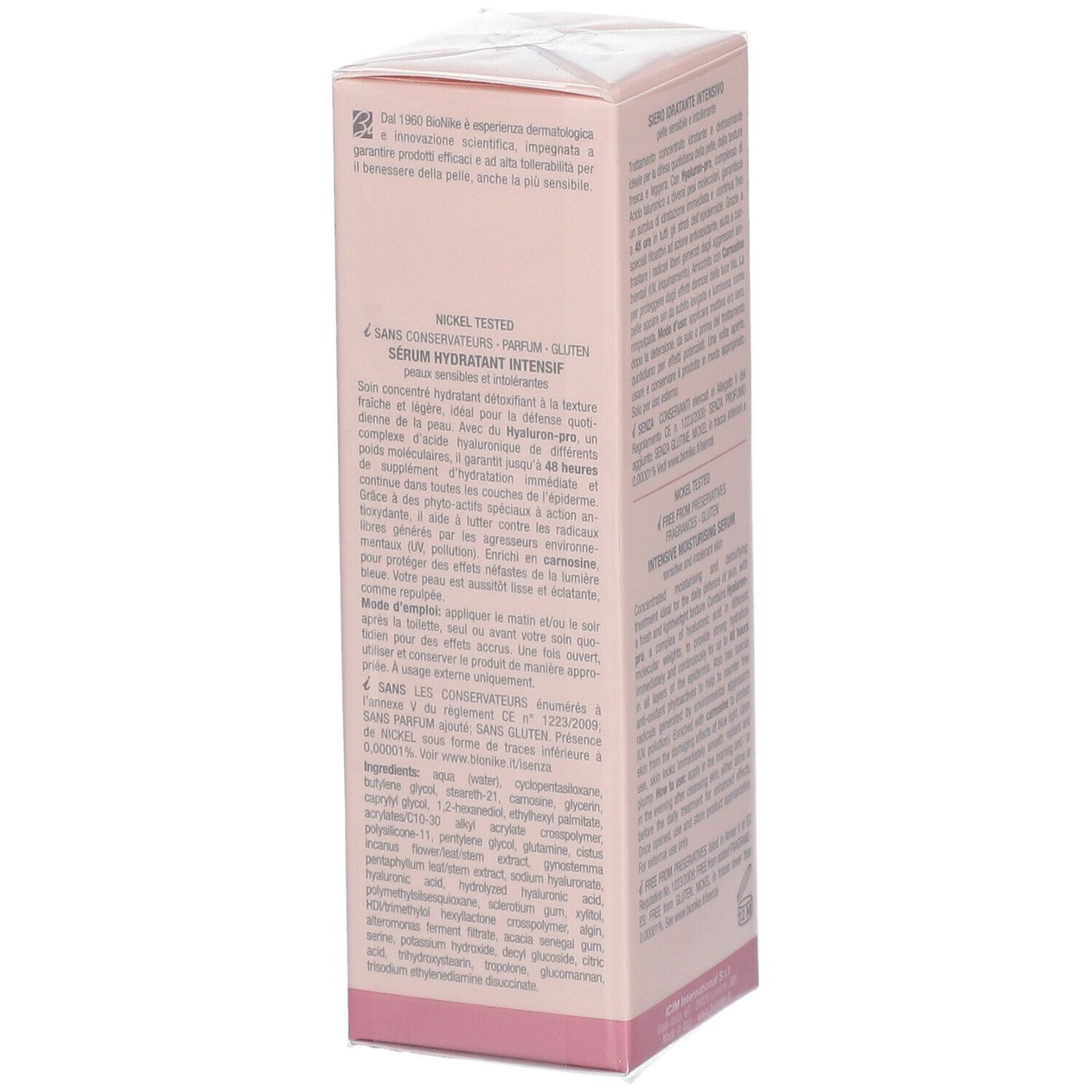Boîte rose BioNike DEFENCE HYDRACTIVE. Sérum hydratant intensif, 30 ml. Logo et texte. Texte au dos. Sans conservateurs, parfum, gluten.