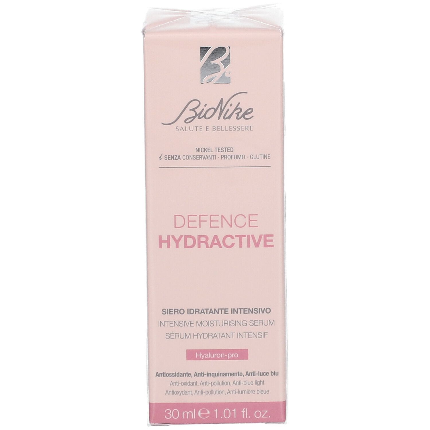 Boîte rose BioNike DEFENCE HYDRACTIVE. Sérum hydratant intensif, 30 ml. Logo et texte. Vue de face. Sans conservateurs, parfum, gluten.