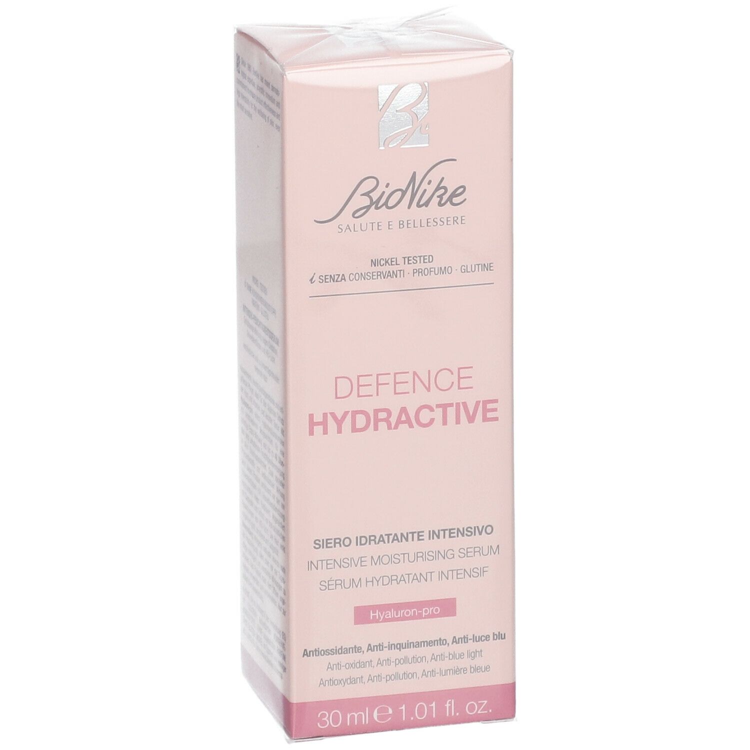 Boîte rose BioNike DEFENCE HYDRACTIVE. Sérum hydratant intensif, 30 ml. Logo et texte. Vue de face. Sans conservateurs, parfum, gluten.