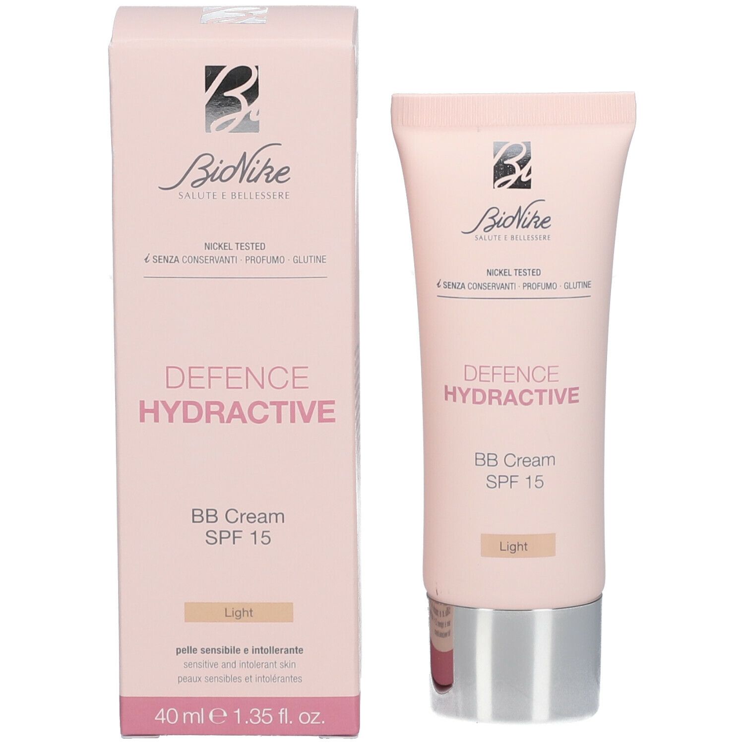 Product en verpakking. Tube en doos. Opschrift: BioNike, DEFENCE HYDRACTIVE BB Cream SPF15 Light. 40 ml.
