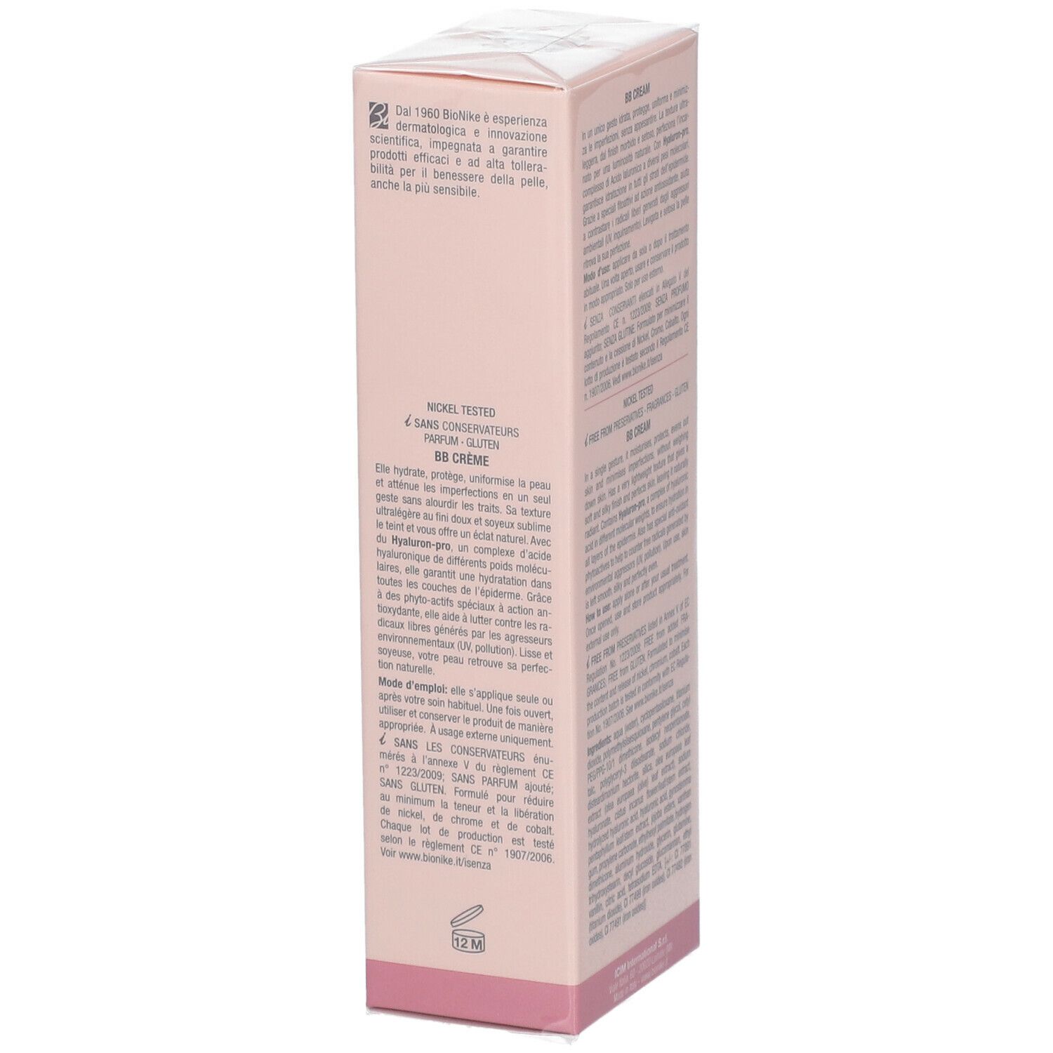 Roze verpakking van BioNike DEFENCE HYDRACTIVE BB Crème SPF15 Medium. Tekst op de zijkant. Nickel Tested, zonder conserveermiddelen, parfum, gluten.