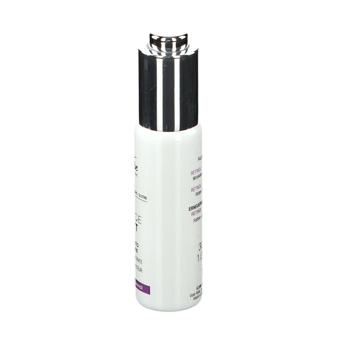 Wit serumflesje met zilveren dop. Opschrift: DEFENCE BOOST, Retinol + Tocotrienolen. Merk BioNike.