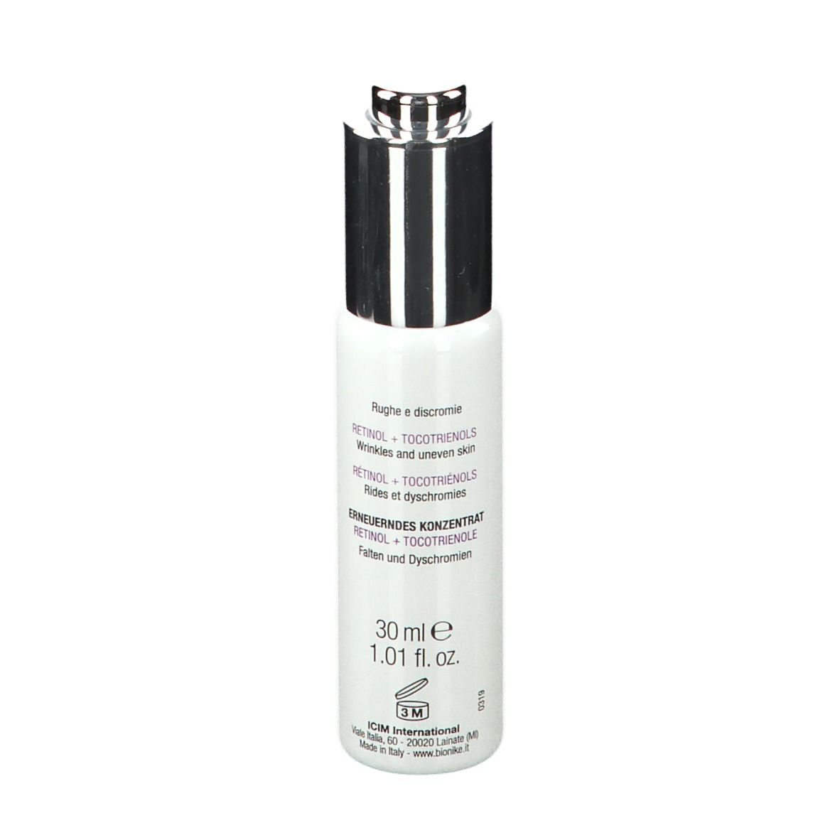 Wit serumflesje met zilveren dop. Opschrift: 30 ml e 1.01 fl. oz. Merk BioNike.