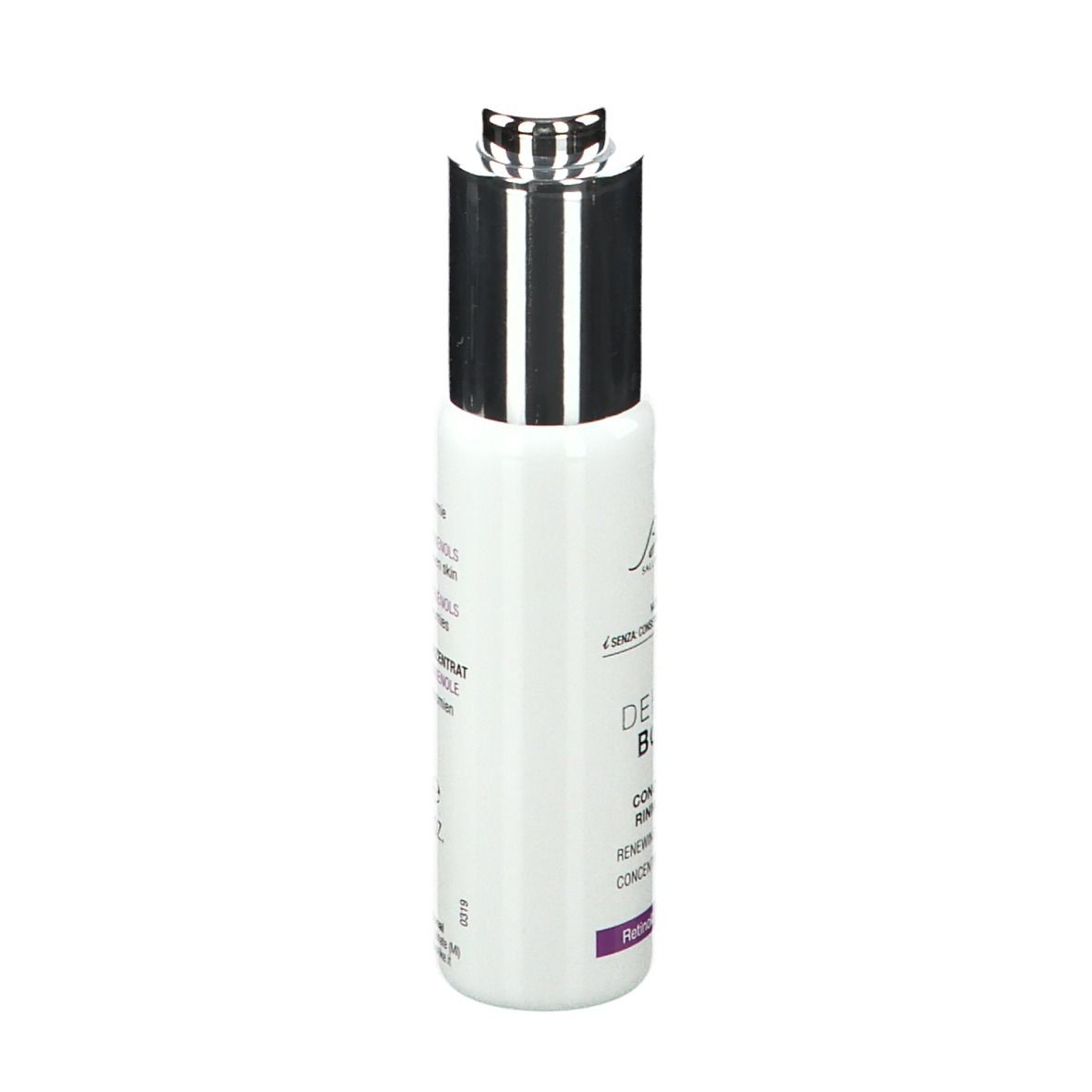Wit serumflesje met zilveren dop. Opschrift: DEFENCE BOOST, Retinol + Tocotrienolen. Merk BioNike.