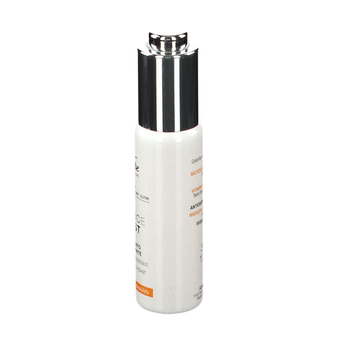 Witte fles met zilveren dop. Opschrift: DEFENCE BOOST, concentraat. Merk: BioNike.