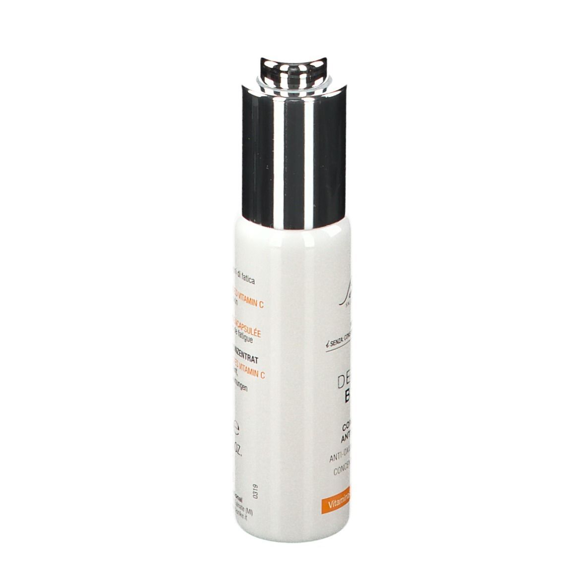 Witte fles met zilveren dop. Opschrift: DEFENCE BOOST, concentraat. Merk: BioNike.