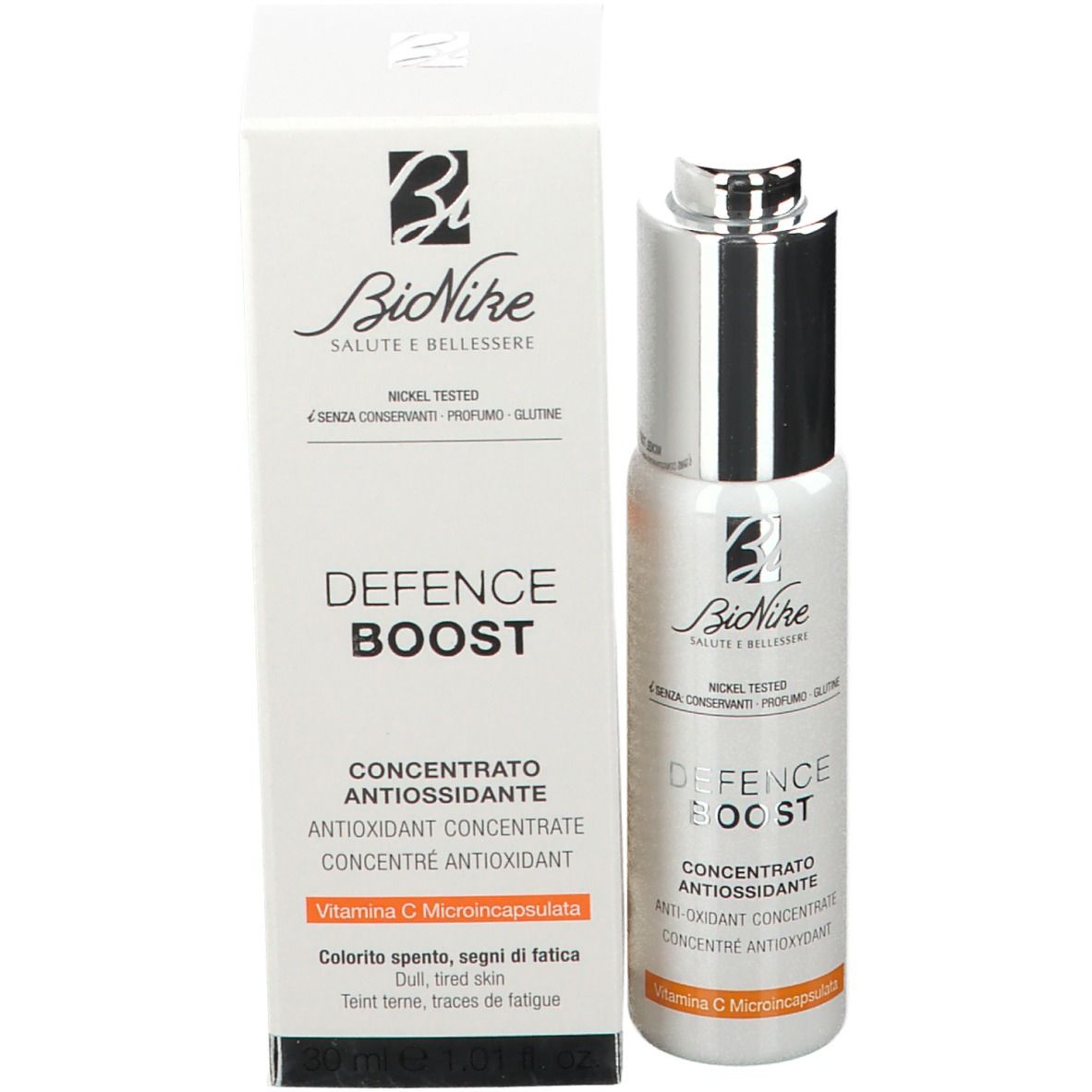 Productfles en verpakking. Opschrift: DEFENCE BOOST, concentraat. Merk: BioNike.