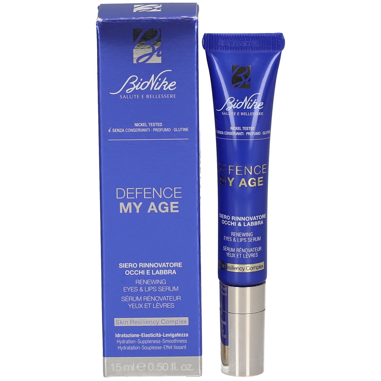 Productverpakking met tube en doos. "BioNike DEFENCE MY AGE" serum. Tekst: Oog- en lippenserum. Blauw-zilver.