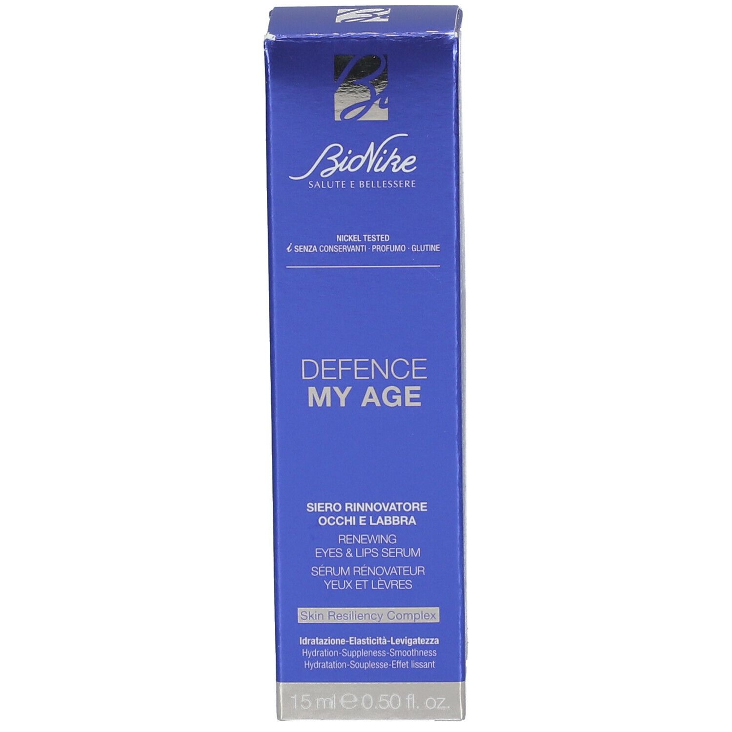 Blauwe doos met "BioNike DEFENCE MY AGE" serum. Tekst: Oog- en lippenserum. Zilveren belettering.